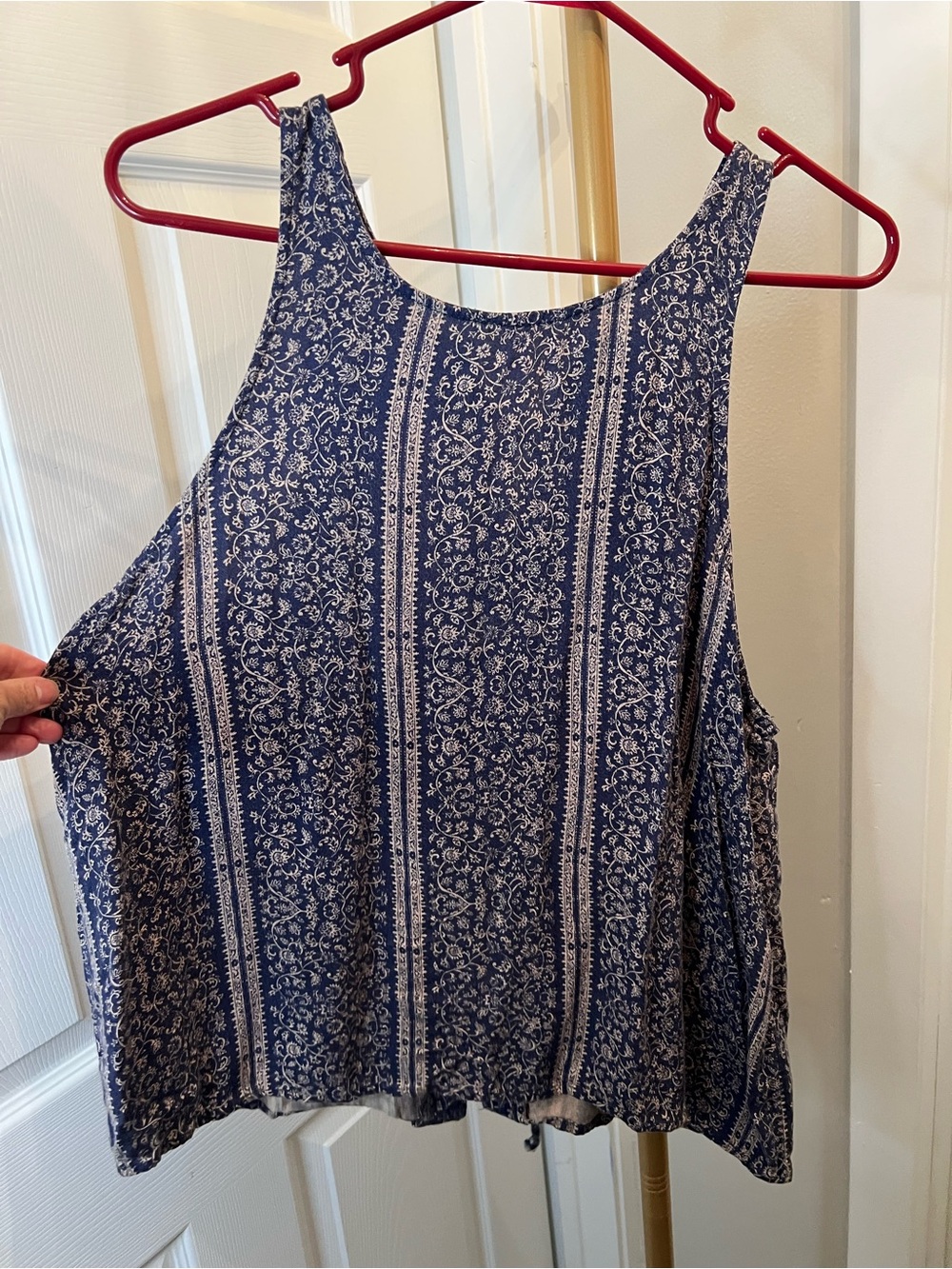 American Eagle Outfitters Navy and White Printed Tank Top with lace up back.